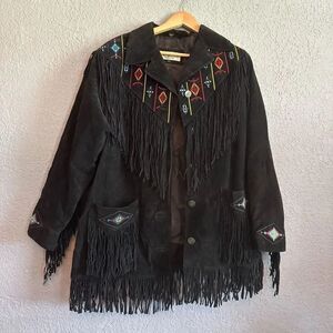 Vintage Leather Fringe Western Lew Magram Size Large Embroidered Southwestern